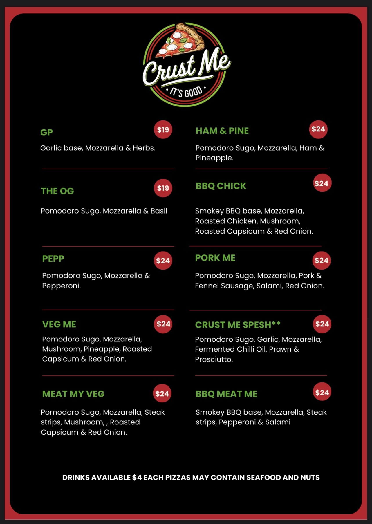 Crust Me catering menu with pizza prices and ingredients