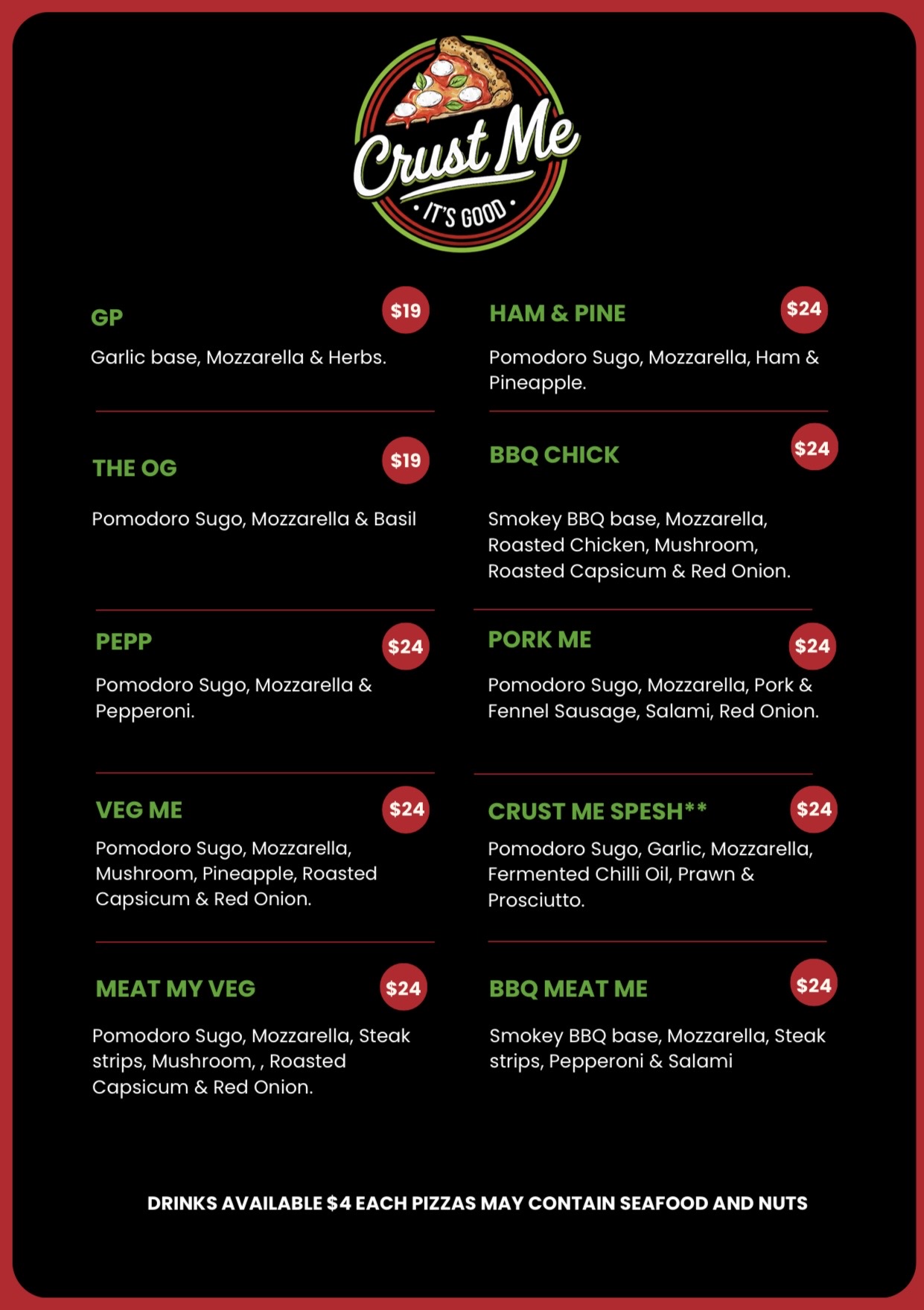 Crust Me current menu with pizza prices and ingredients