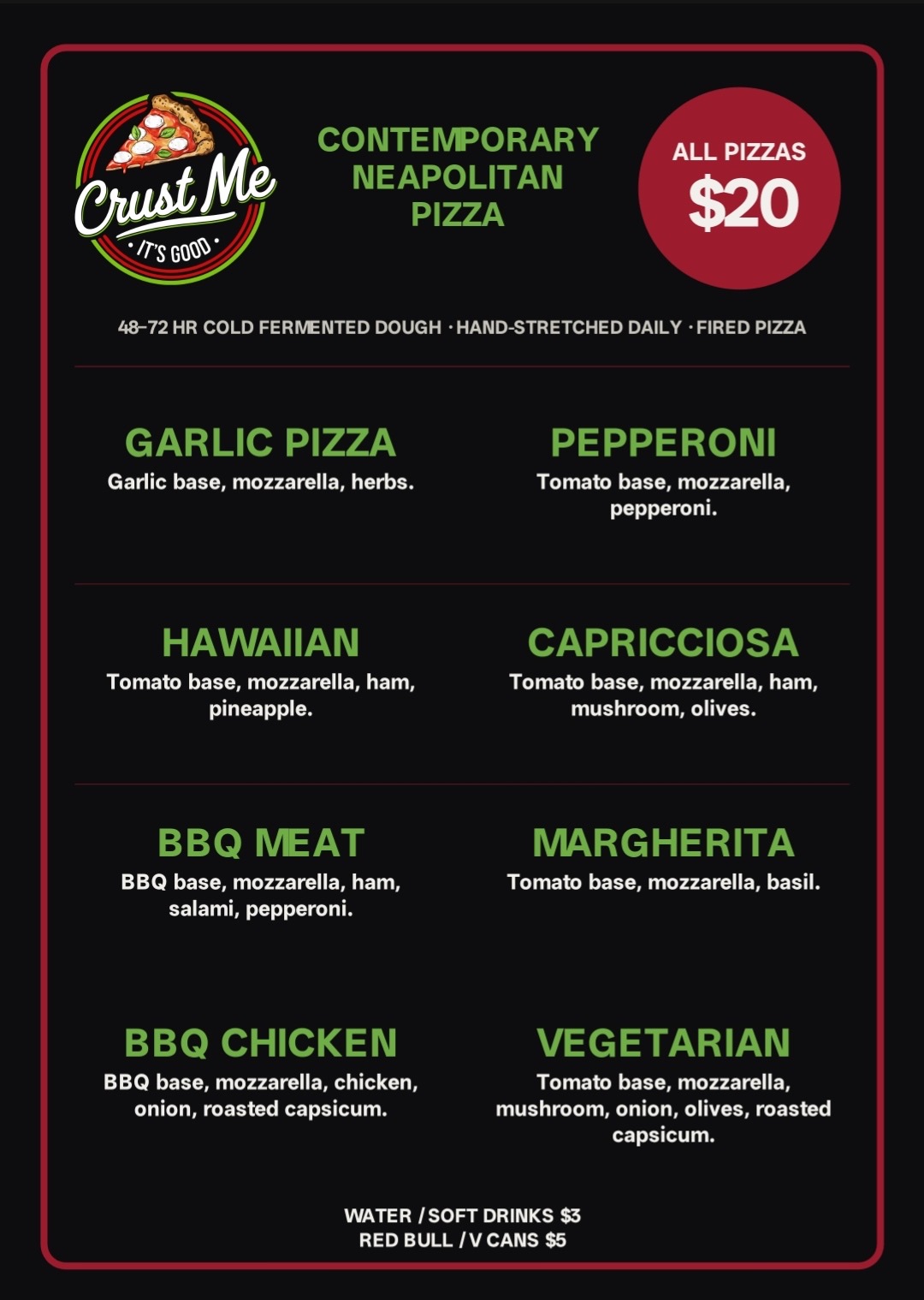 Crust Me current menu with pizza prices and ingredients